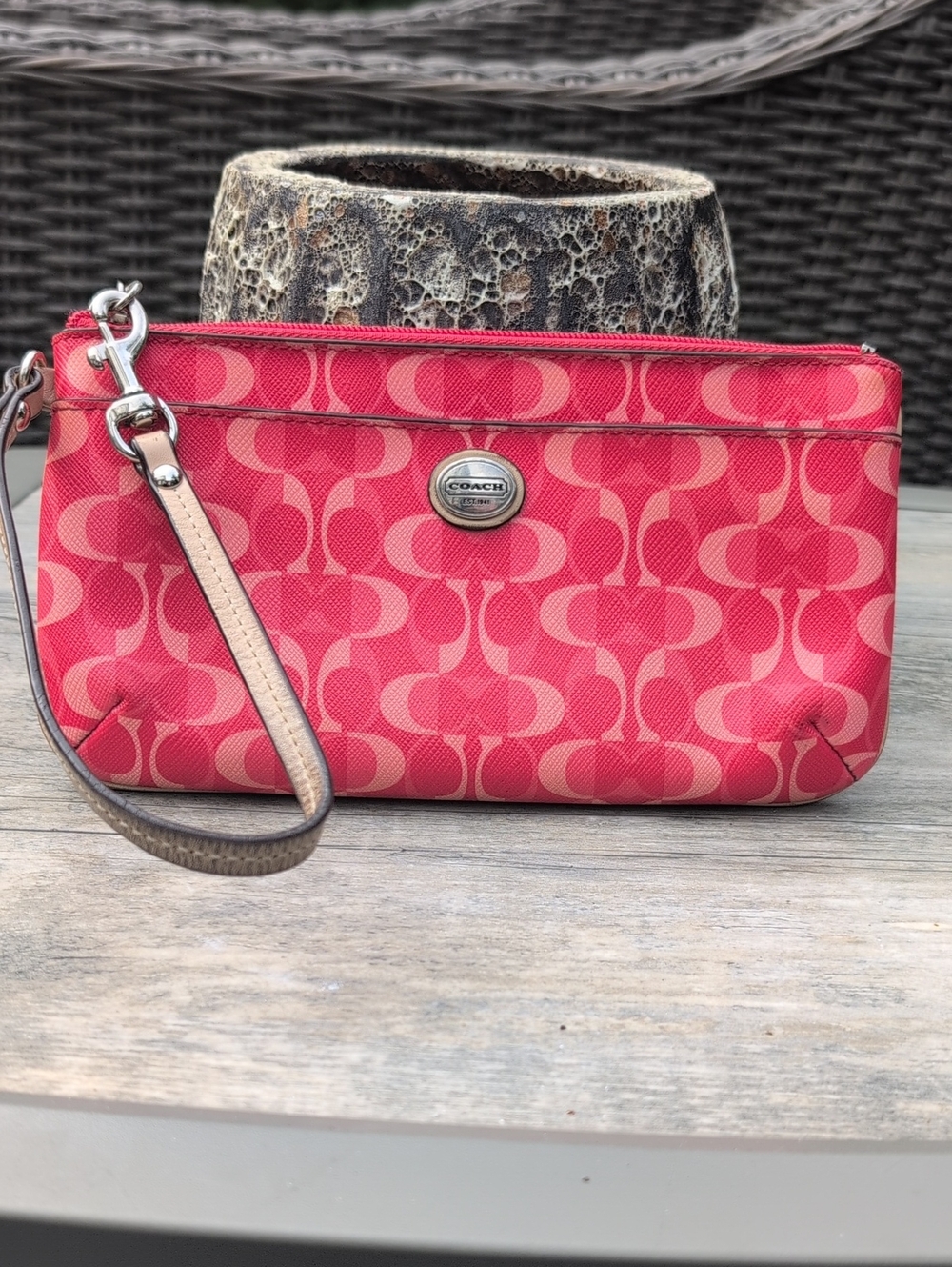 Coach Coral Signature Coated Canvas Wristlet with Leather Strap
